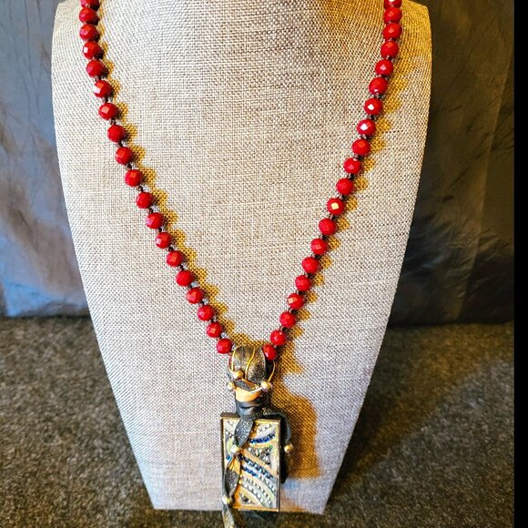 Caroline Rocha Hand Crafted Designer Red Beaded Necklace - Picture 1 of 8